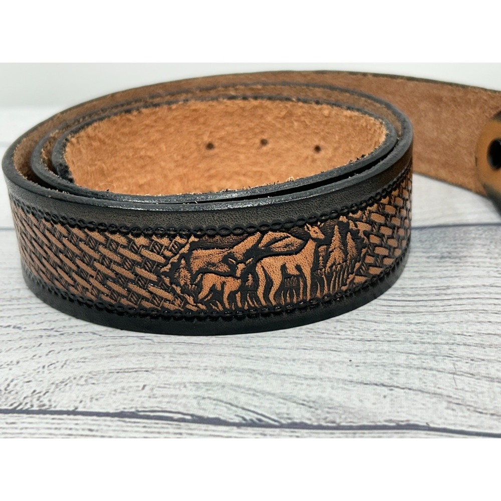 Vintage Tooled Full-Grain Cowhide 4503 Brown‎ Deer Leather Western Belt 45" - Picture 2 of 7